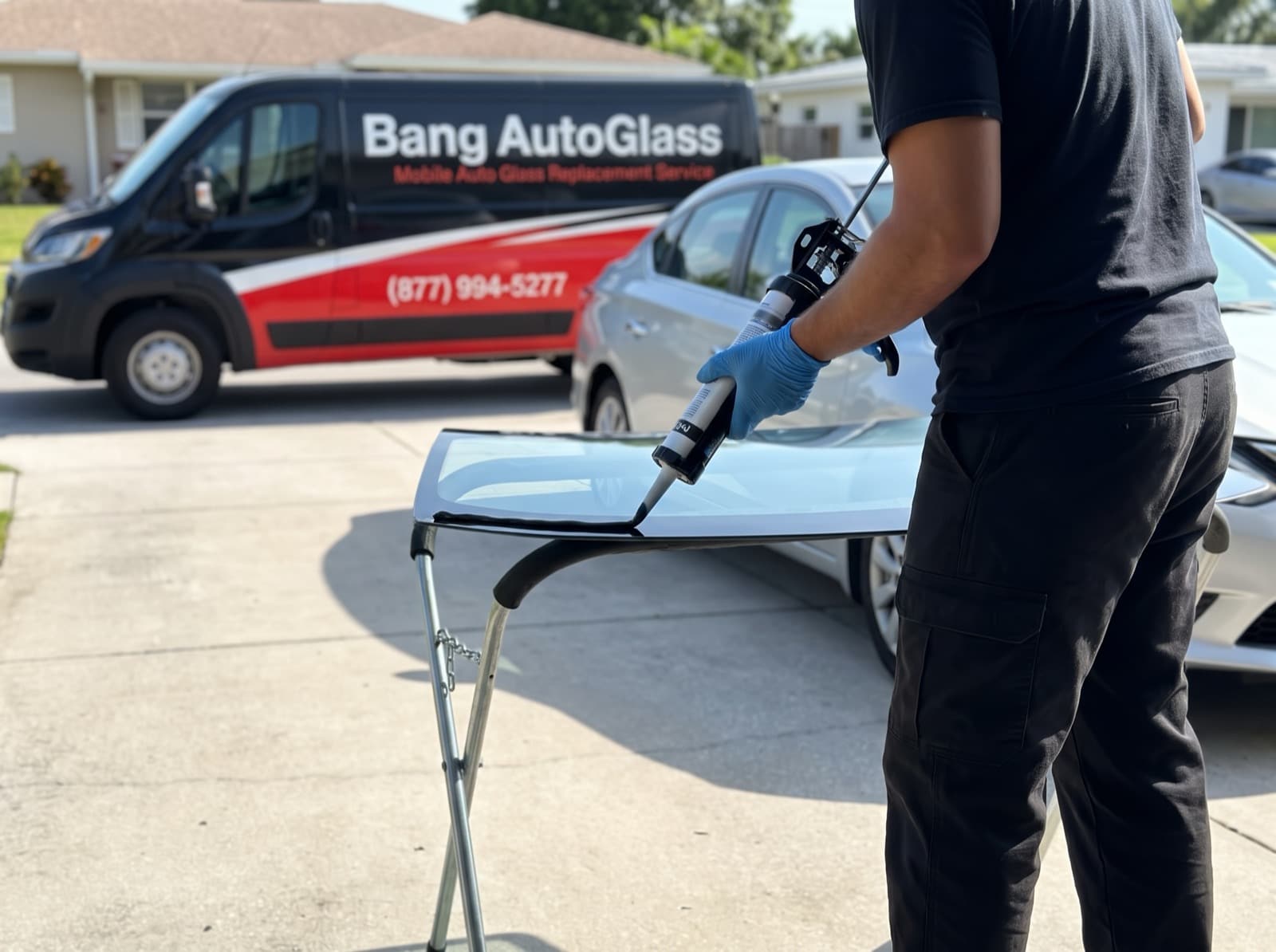A Bang AutoGlass technician applying urethane to a new windshield on a glass stand in a sunny driveway