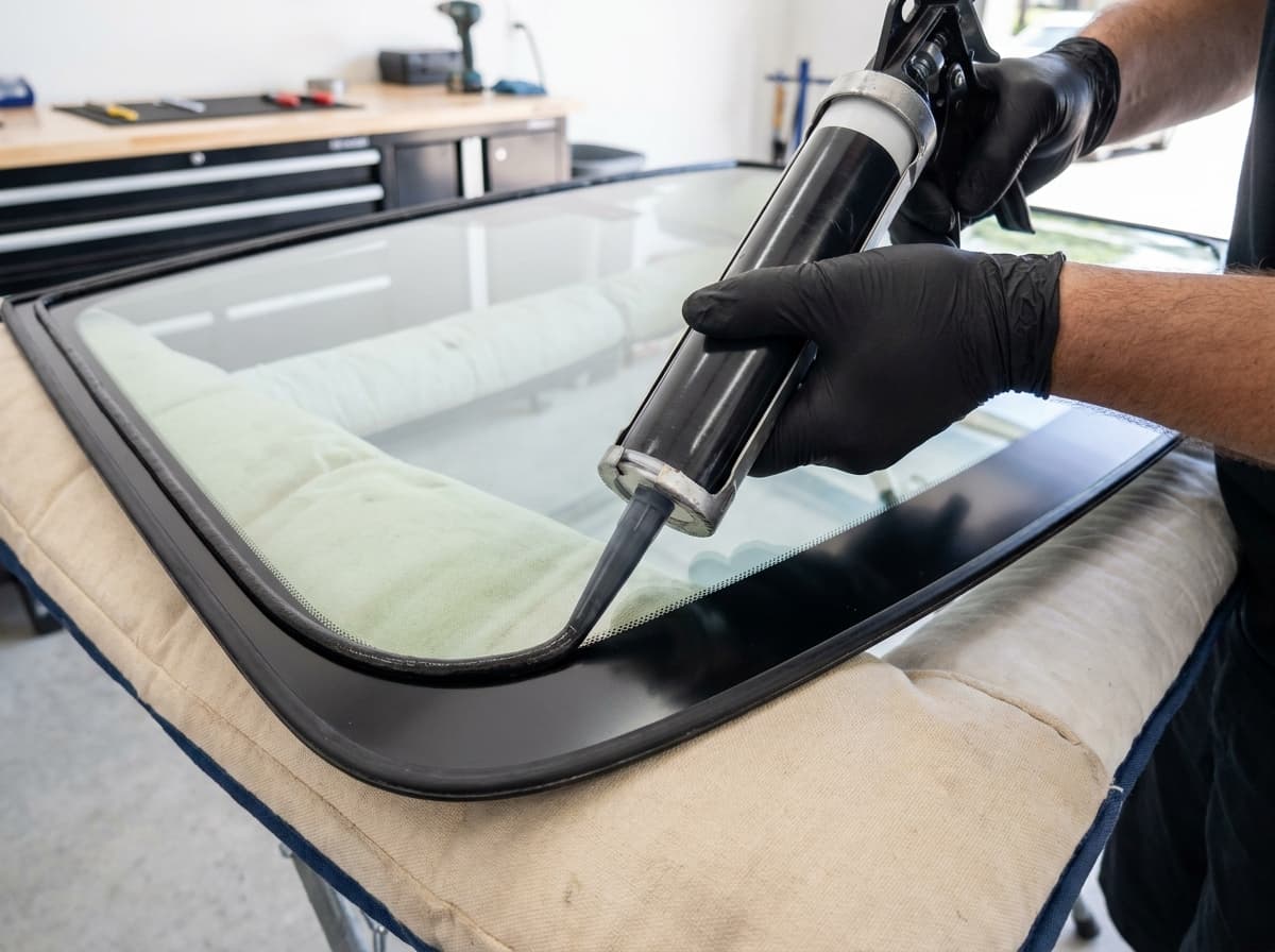 Careful auto glass craftsmanship — a freshly installed windshield in bright daylight