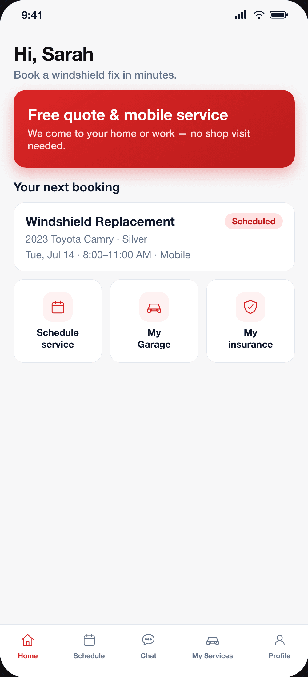 The Bangify app home screen — next booking, schedule service, vehicles and insurance