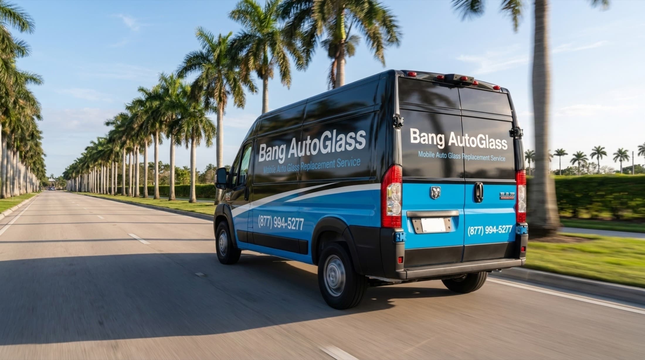 The Bang AutoGlass mobile service van on the road, ready to come to you