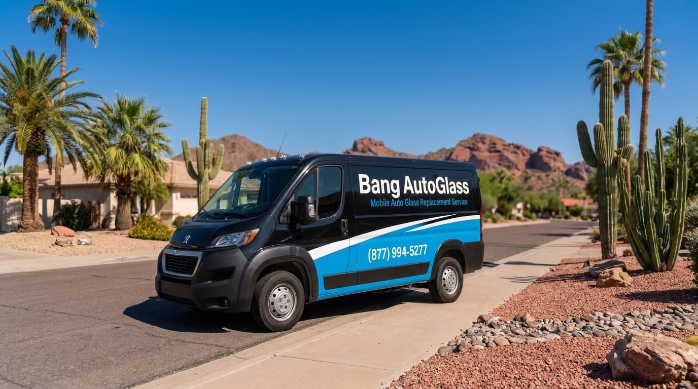 Bang AutoGlass mobile service van on a sunny street in Arizona
