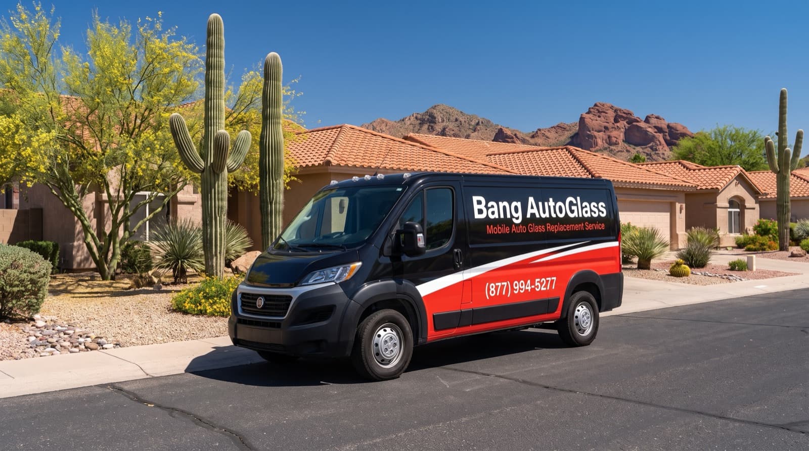 Bang AutoGlass mobile service van on a sunny street in Arizona