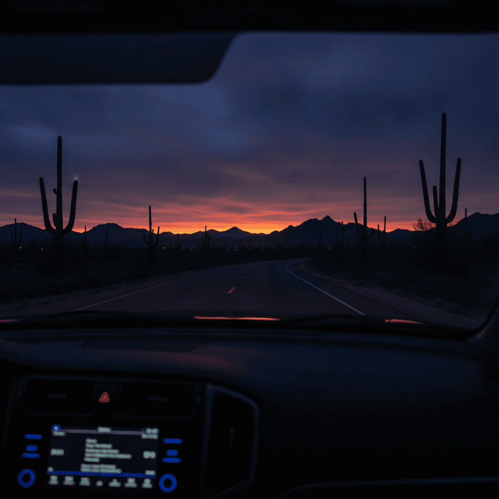 Arizona at blue hour through a windshield