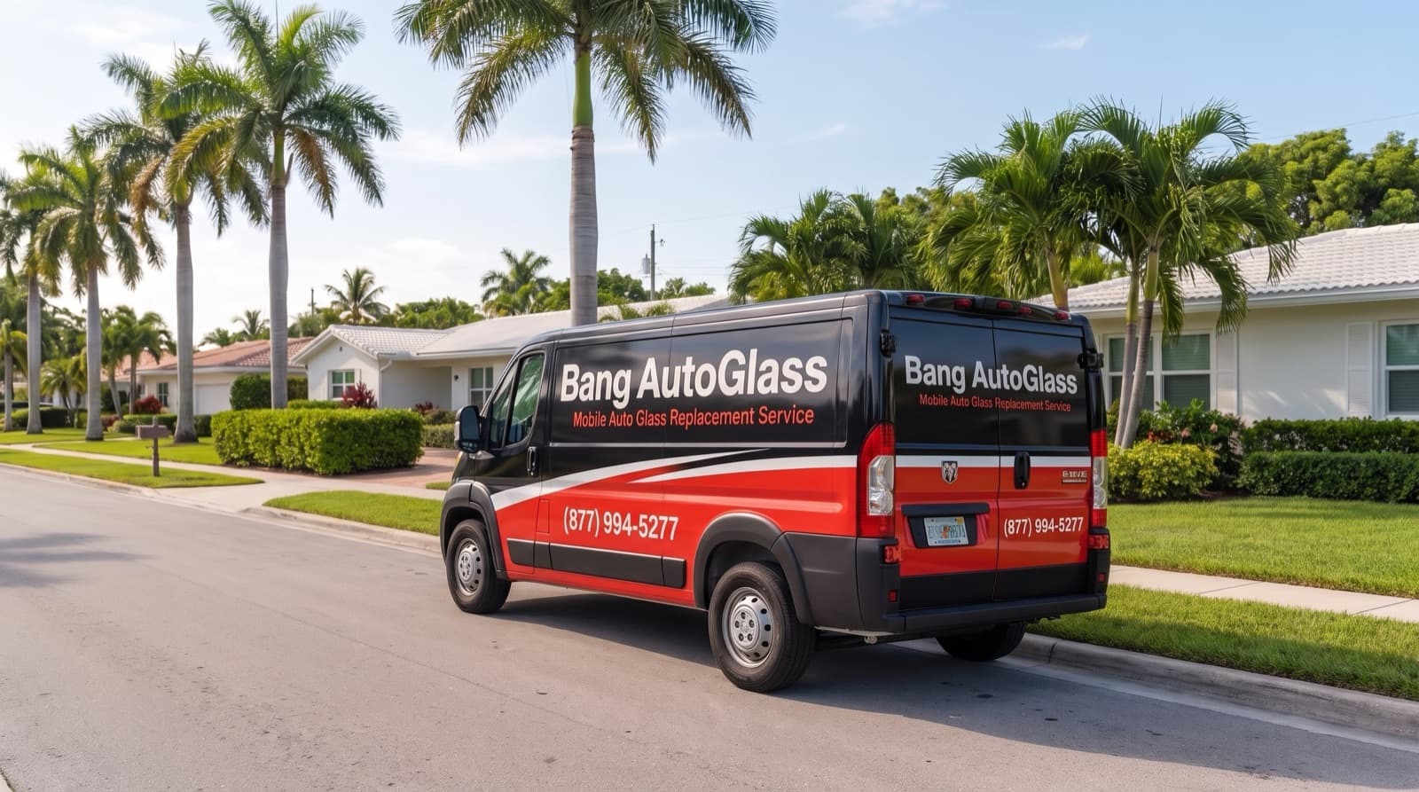 Bang AutoGlass mobile service van on a sunny street in Florida
