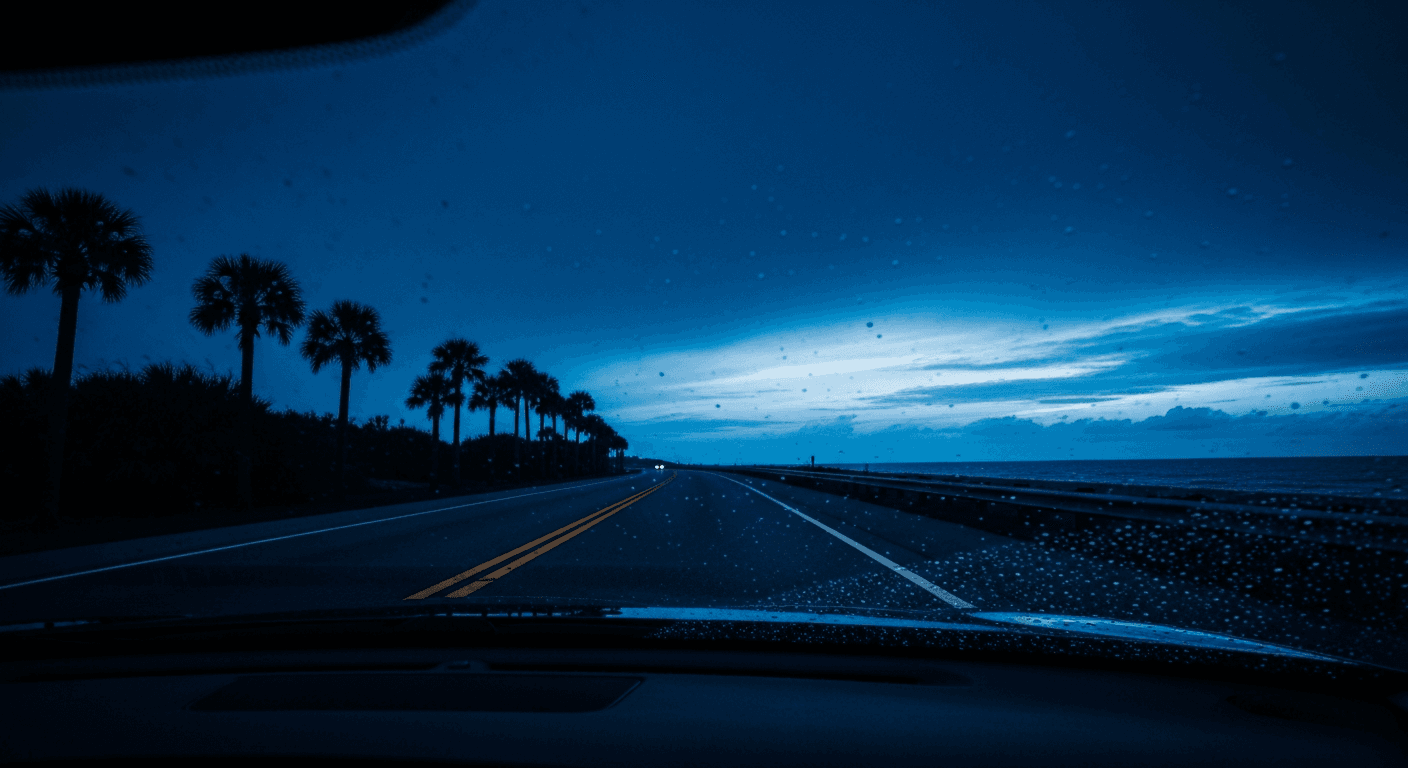 Florida at blue hour through a windshield