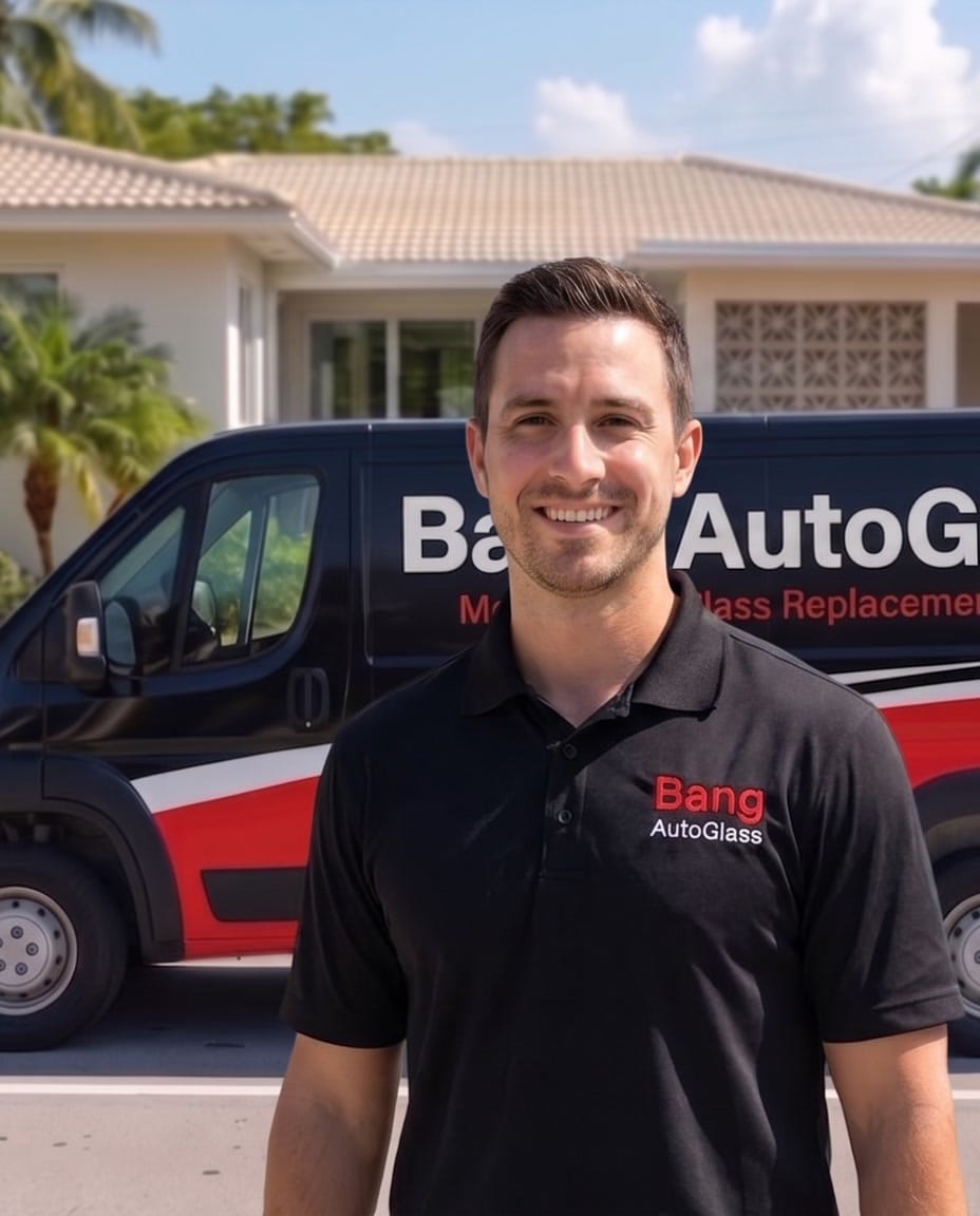 A friendly Bang AutoGlass technician standing in front of the branded mobile service van