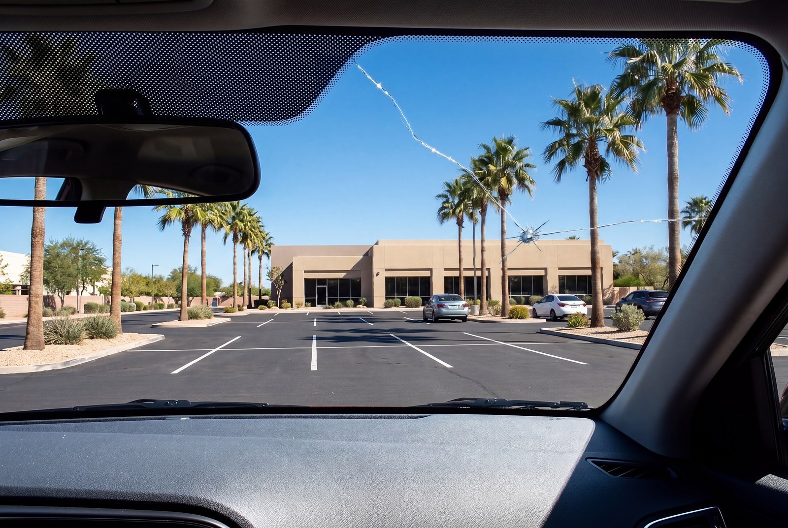 Looking out from the driver's seat through a windshield with a stone-chip break and two long cracks running from it, toward a parking lot lined with palm trees.